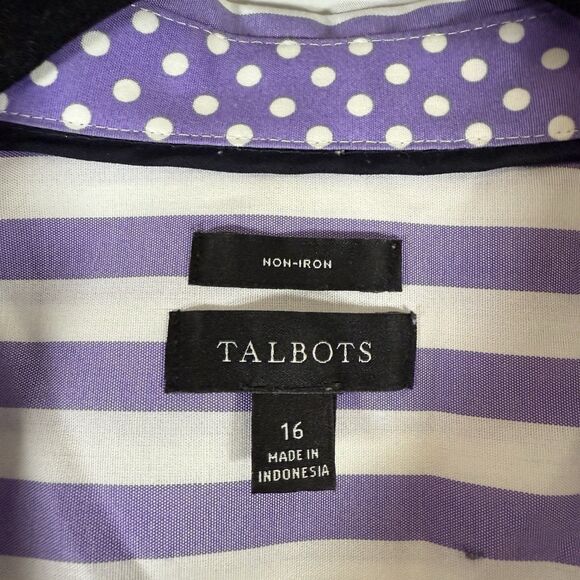Talbots Blouse Women's 16 Purple White Striped Button Up Vneck Collared Non Iron - Picture 5 of 9